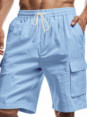 Men's light blue lightweight cargo shorts with a drawstring waist and pockets.