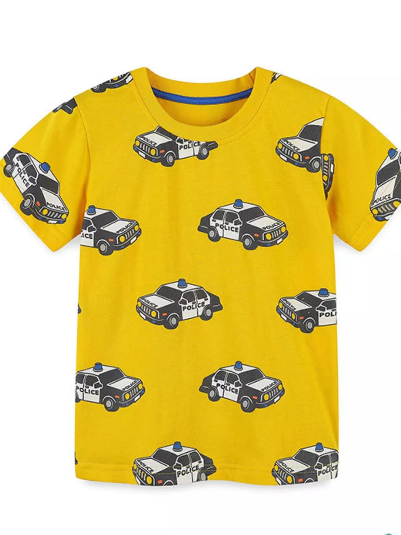 Yellow children's short sleeve t-shirt laid flat with all over black and white police car print