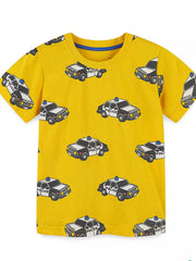 Yellow children's short sleeve t-shirt laid flat with all over black and white police car print