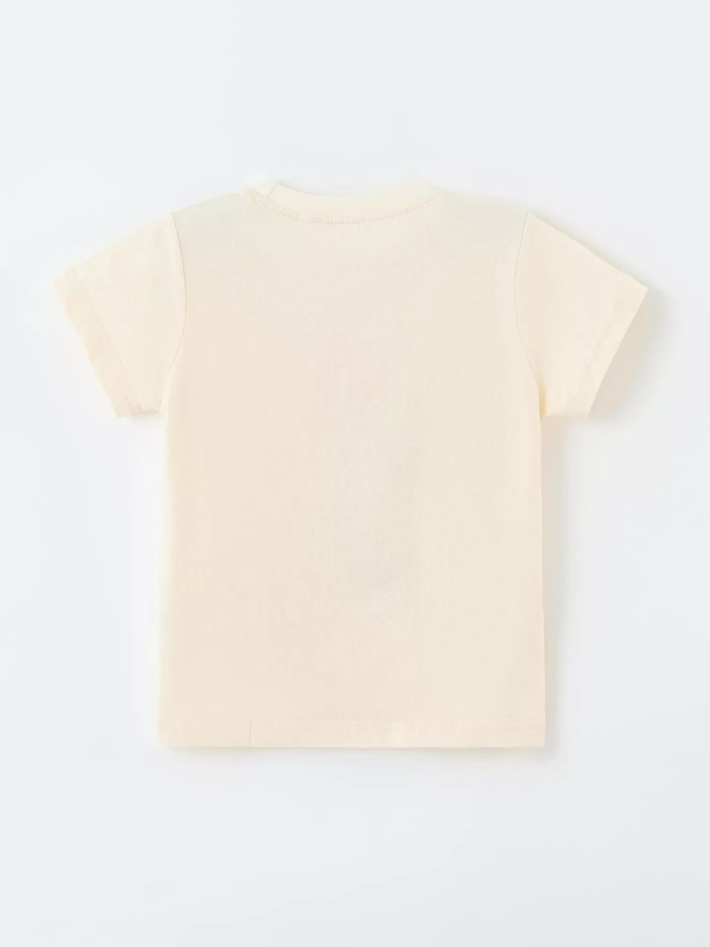 Back view of the plain cream children's short sleeve T-shirt laid flat on white