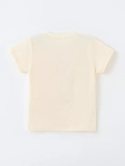 Back view of the plain cream children's short sleeve T-shirt laid flat on white