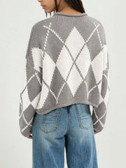 On-model back view of the gray and cream argyle knit sweater with dropped shoulders