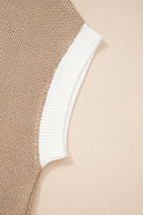 Close-up of the mocha sweater white ribbed short sleeve trim