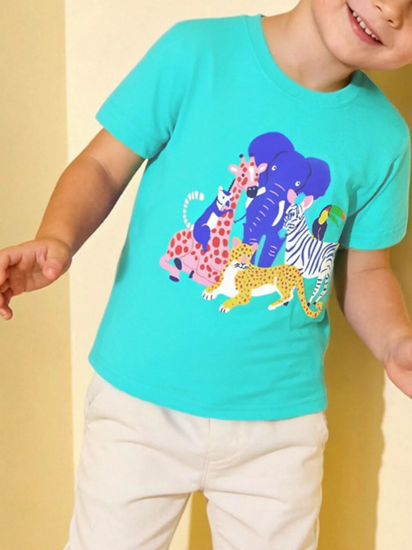 Children's aqua crew-neck T-shirt featuring an animal graphic design.