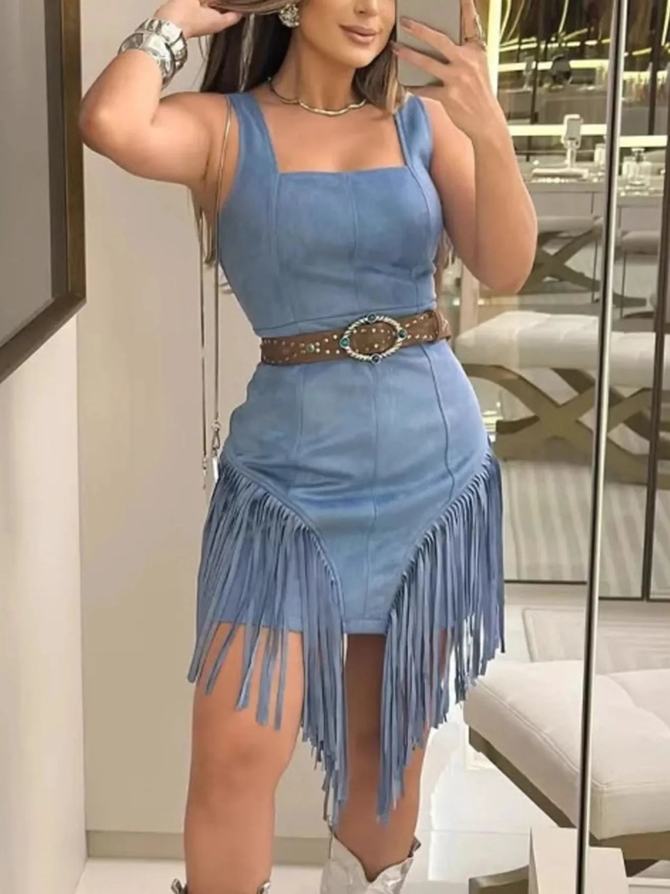Blue fringe square neck bodycon mini dress worn on model, mirror selfie, hand in hair
