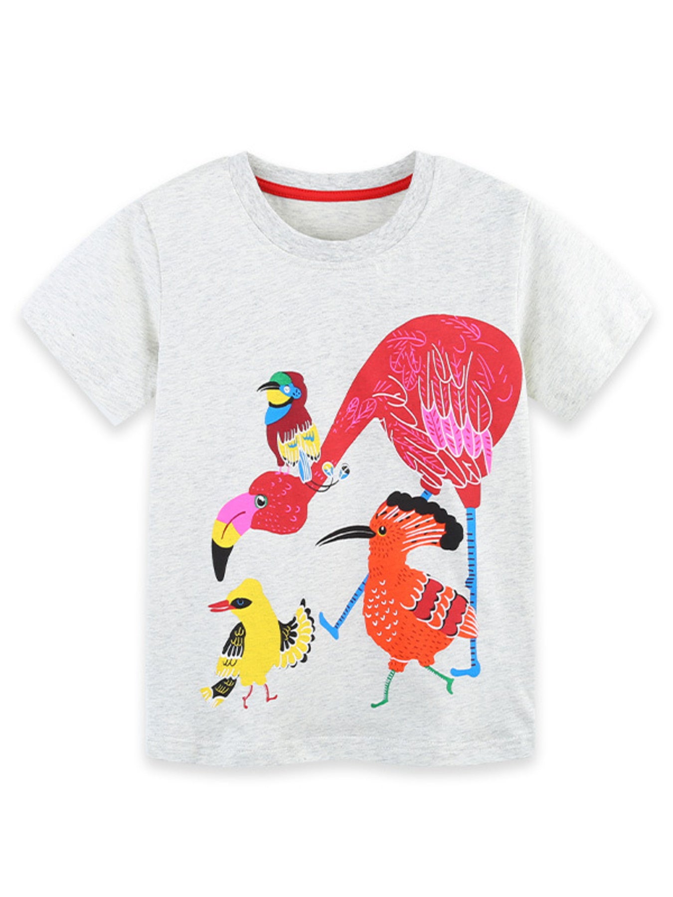 Flat lay front view of light gray children's crew neck t-shirt with colorful bird print