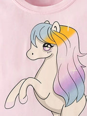 Close-up of unicorn head and rainbow mane detail on blush pink children's short sleeve t-shirt