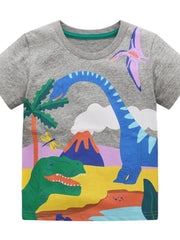 Dark gray children's short sleeve t-shirt with a colorful dinosaur, volcano, and palm tree print