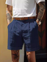 Men's navy blue classic pleated shorts with pockets, available in plus sizes.