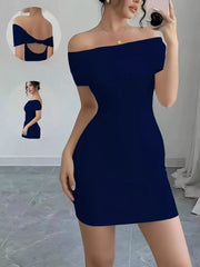 Navy blue off shoulder bodycon mini dress in front mirror selfie view