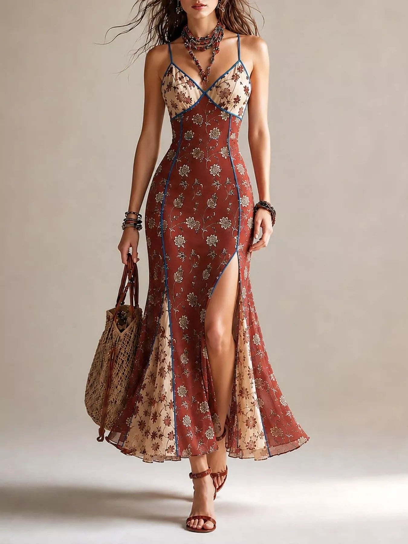 Front view of rust floral spaghetti strap maxi dress with high slit and contrasting bodice
