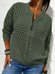 Front view of an army green openwork crochet cardigan with a front zip