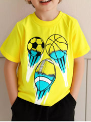 Canary yellow children's short sleeve t-shirt with soccer basketball and football graphics worn indoors