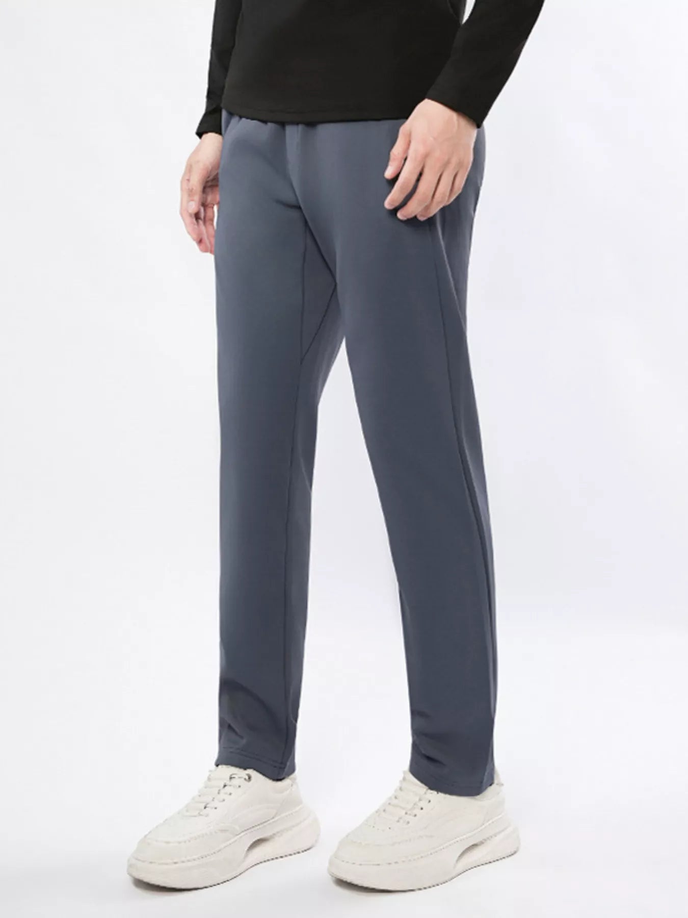 Men's dusty blue straight-leg casual pants with pockets, available in plus sizes.