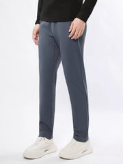 Men's dusty blue straight-leg casual pants with pockets, available in plus sizes.