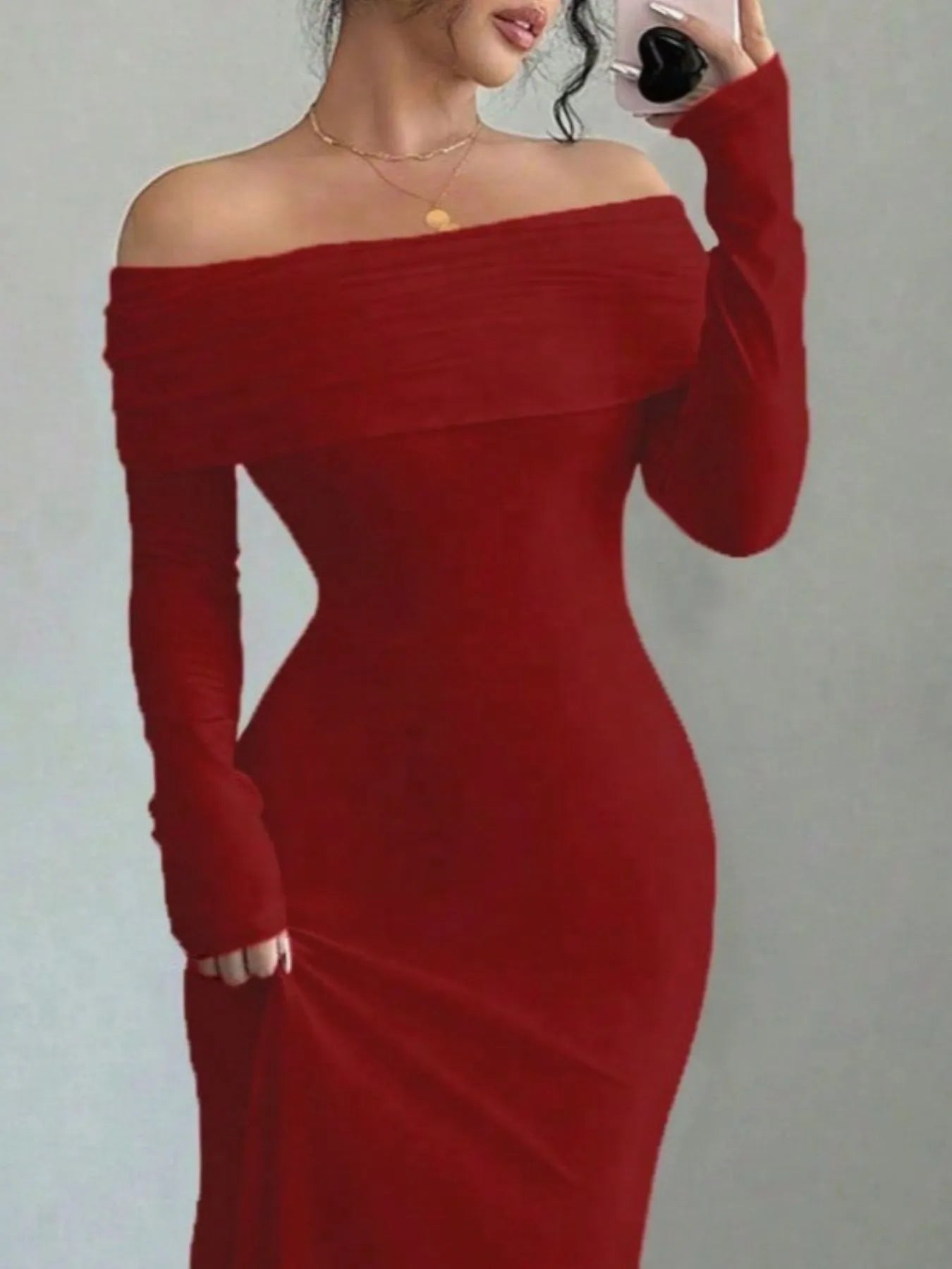 Close front view of red off shoulder bodycon maxi dress with draped neckline