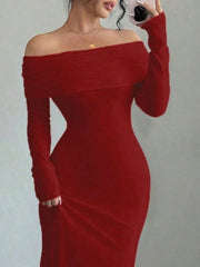 Close front view of red off shoulder bodycon maxi dress with draped neckline