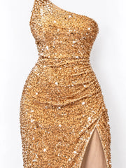Gold sequin one shoulder evening dress close view showing the ruched waist and high slit
