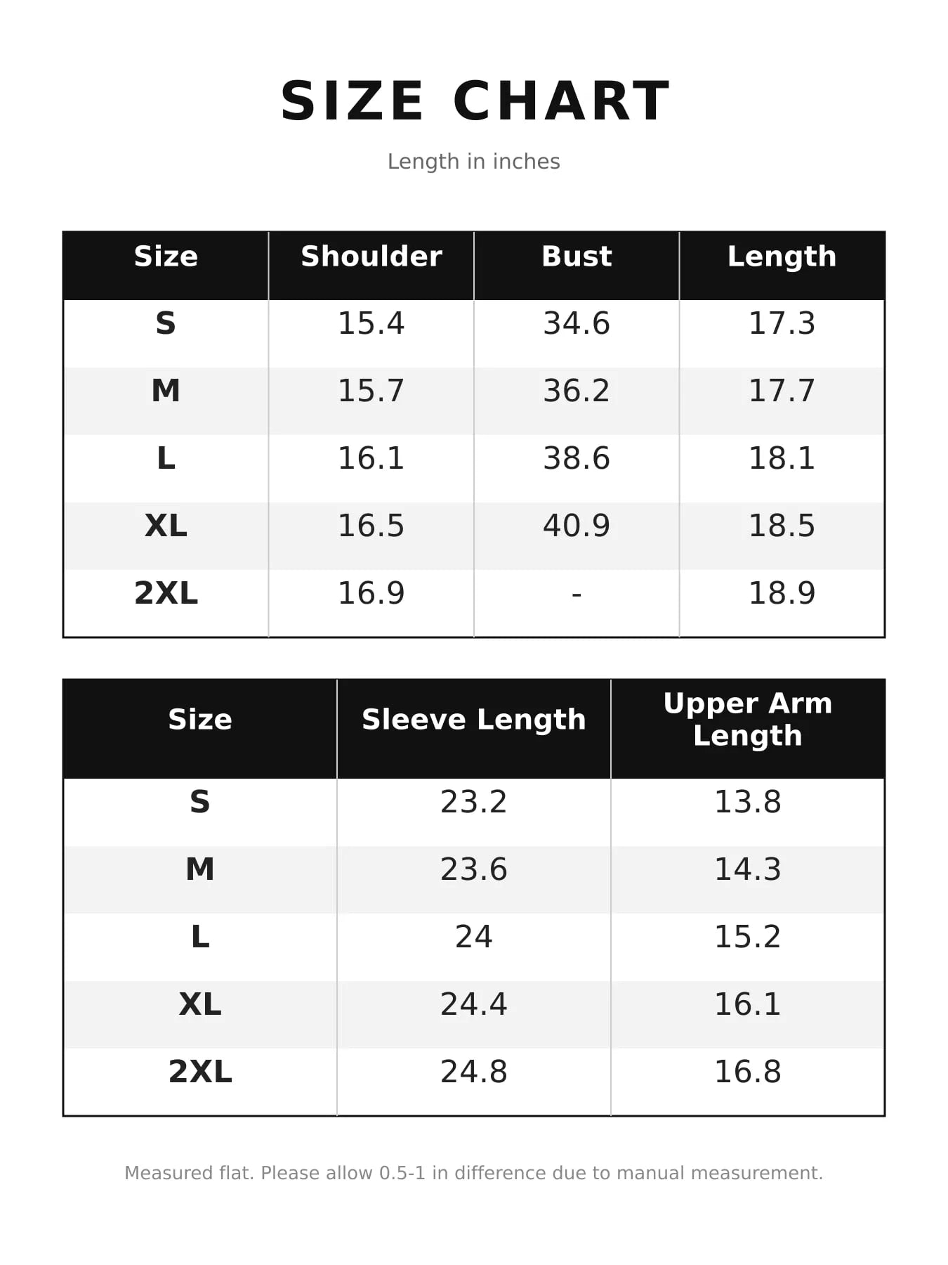 Size chart for the tweed dress and cardigan set with shoulder, bust and sleeve measurements