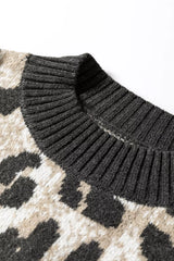 Close up detail of the ribbed collar on the gray and black leopard print baggy sweater.