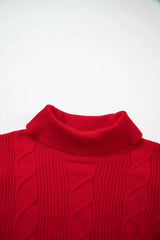 Close-up of the red cable knit turtleneck sweater front neckline