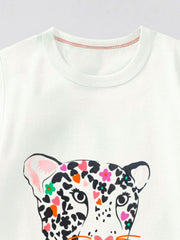 Close-up of the white round neckline above the top of the leopard print