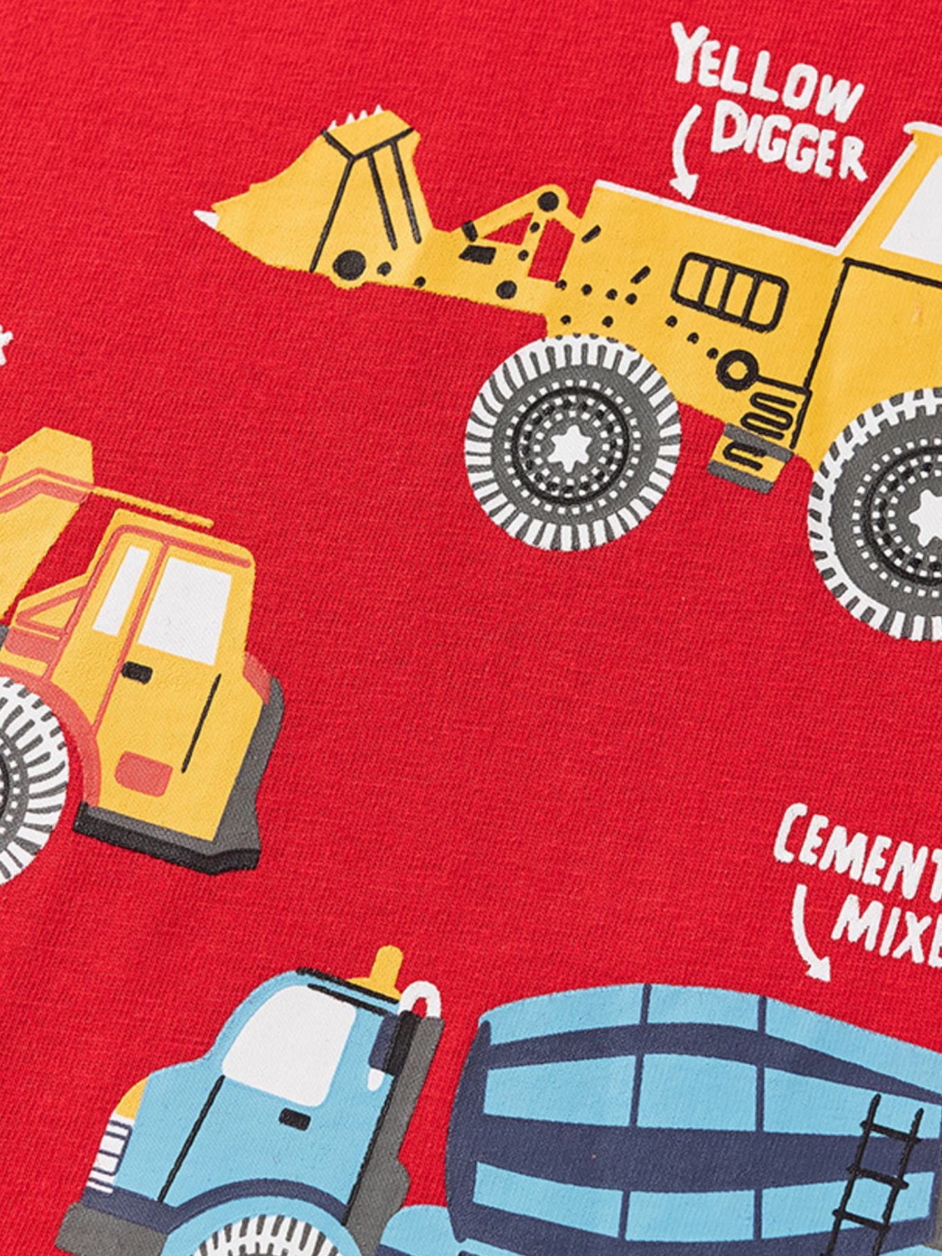 Close-up of the yellow digger and blue cement mixer print on the red children's tee