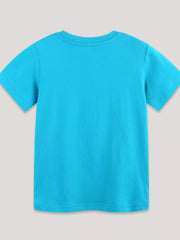 Plain back view of a sky blue children's round neck T-shirt with no graphic