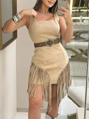 Khaki fringe square neck bodycon mini dress worn on model, mirror selfie, front view