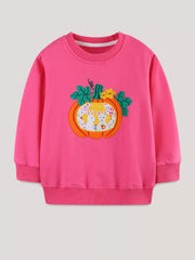 Flat front view of the strawberry pink sweatshirt with a pumpkin and rabbit applique