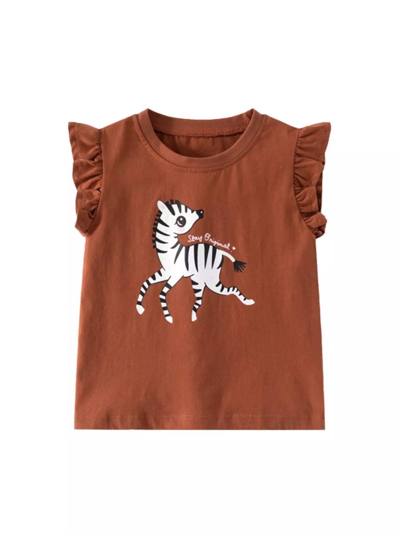 Children's dark brown T-shirt featuring a zebra print and ruffle sleeves.