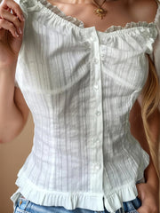 Camisa con botones y hombros descubiertos con detalle de encaje Devine