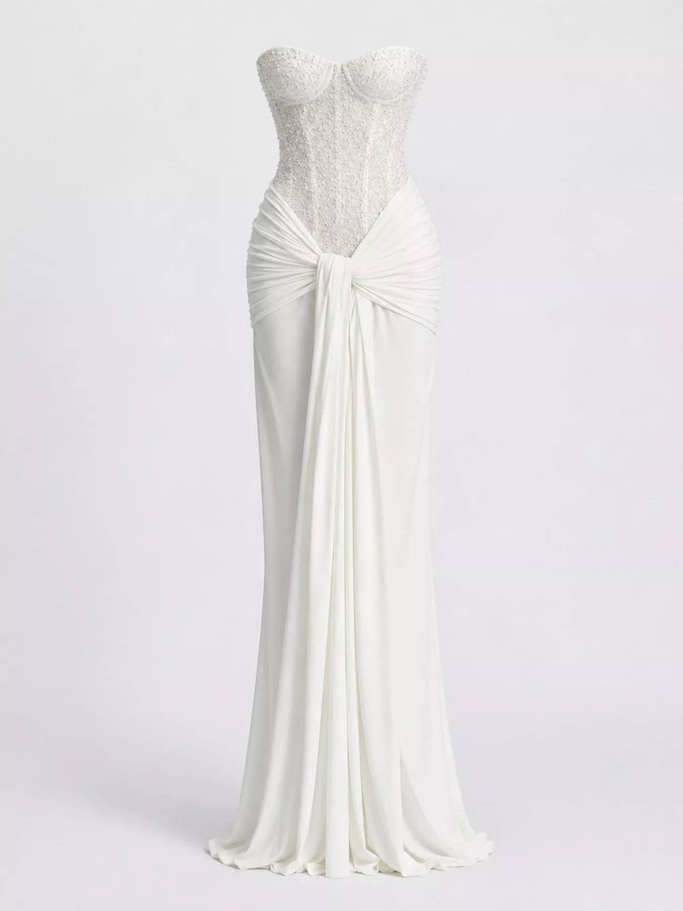 White strapless sequin corset maxi dress with draped waist, front view without model