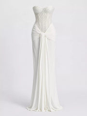 White strapless sequin corset maxi dress with draped waist, front view without model