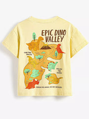Back view, flat lay of a pale yellow children's tee with the full dinosaur valley map graphic