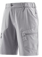 Men's light gray outdoor shorts with zipper pockets and a drawstring waist.