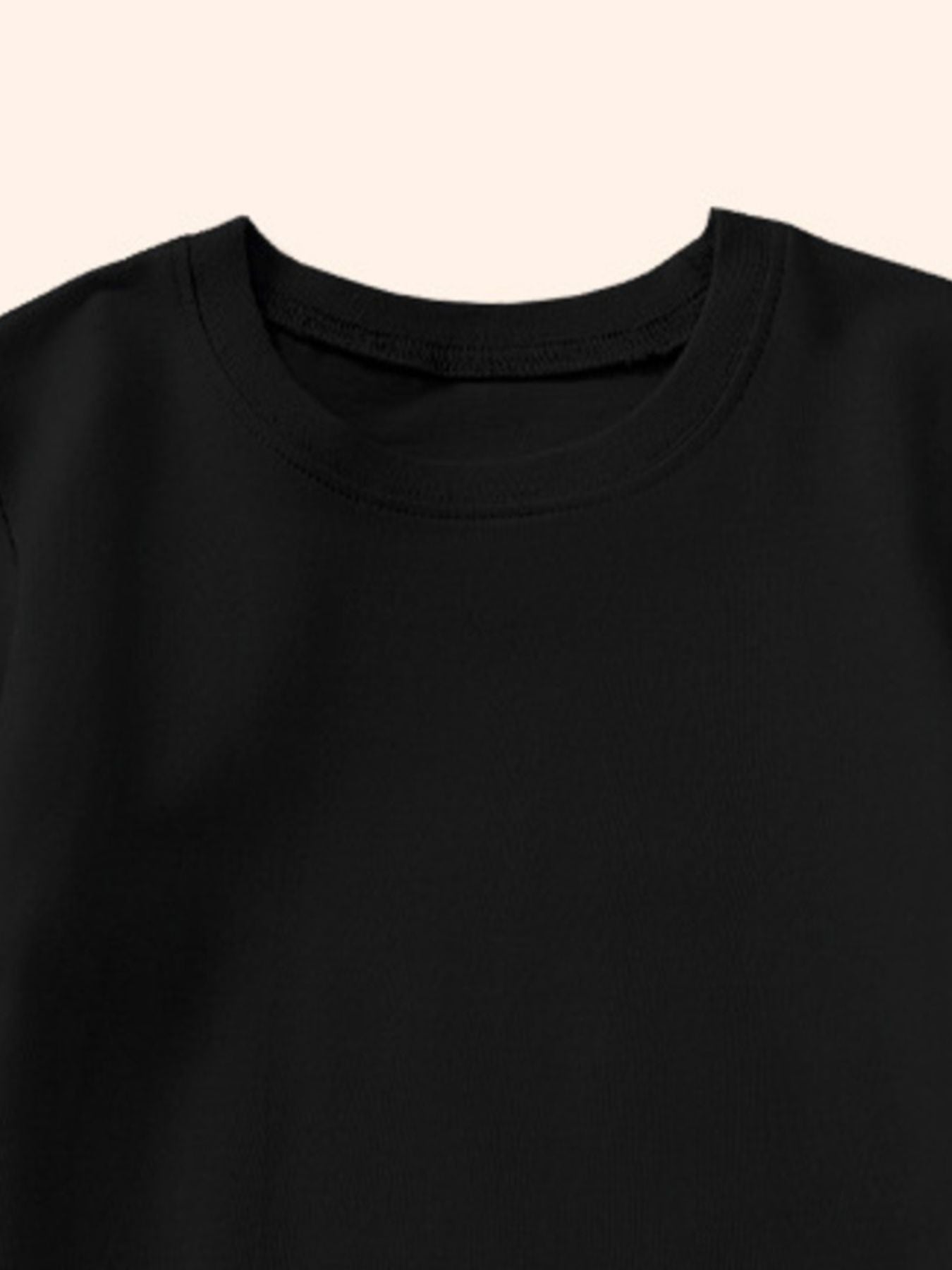 Close-up of the ribbed round neckline on a plain black children's T-shirt
