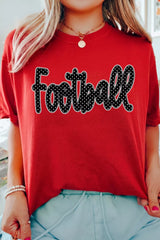 Close front view of deep red game day t shirt with polka dot Football lettering