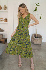 FAM-FAM Tiered Printed V-Neck Sleeveless Dress Matcha Green / XL