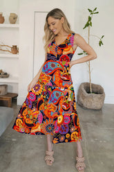 FAM-FAM Tiered Printed V-Neck Sleeveless Dress Multicolor / L