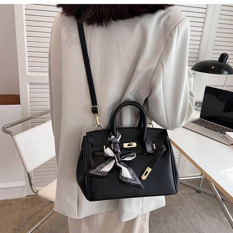 Faux Leather Messenger Bag with Chic Scarf Accents