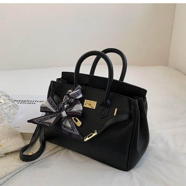 Faux Leather Messenger Bag with Chic Scarf Accents Black