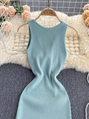 Front bodice of mint ribbed knit sleeveless bodycon midi dress on hanger