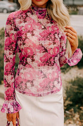 Blusa floral de cuello alto con mangas con volantes