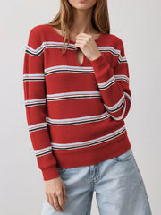 Front view of a red striped ribbed knit top with a keyhole neckline