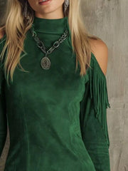Close view of the green fringed cold shoulder mini dress bodice and shoulder fringe