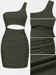 Army green one shoulder cutout ruched bodycon mini dress flat lay with close detail views of neckline and fabric