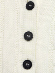 Close up of black buttons on white cable knit sweater placket with knit texture