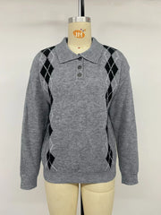 Front view of a gray argyle polo sweater with three buttons on a mannequin