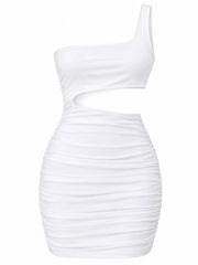 Flat front view of white one shoulder cutout ruched bodycon mini dress on a white background
